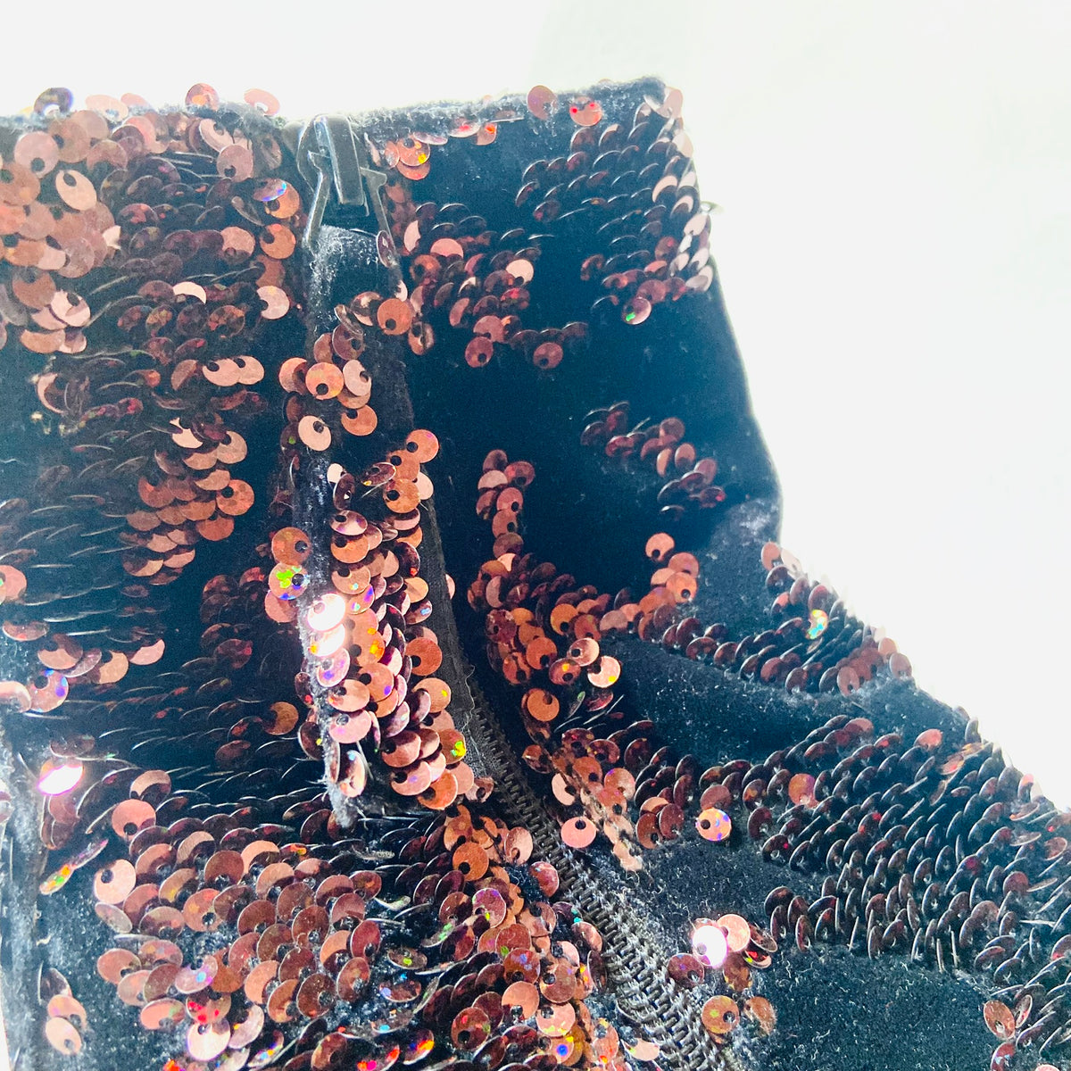 Topshop | Black Velvet & Copper Red Sequin | Block Heel Ankle Boots | Size 4 (37)