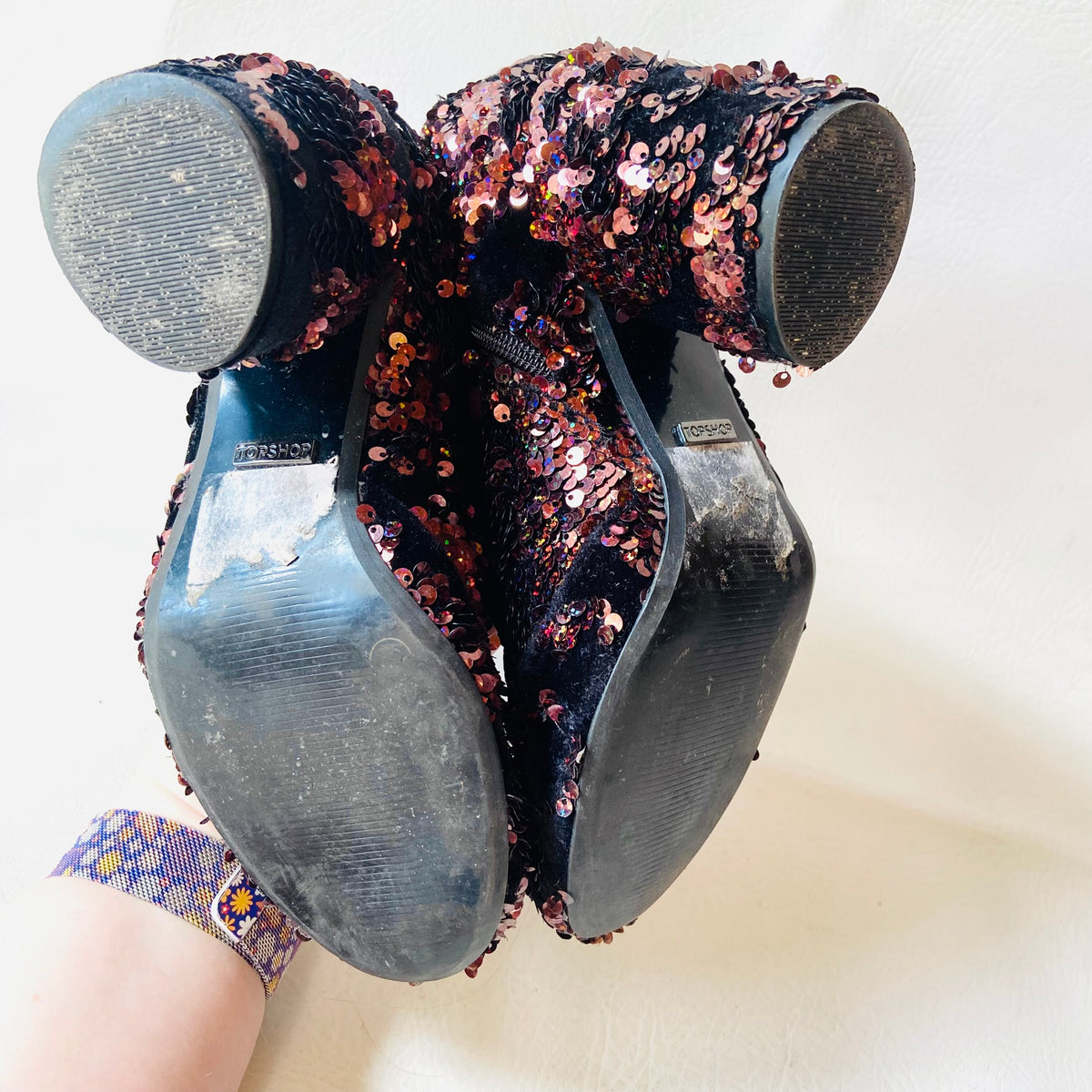 Topshop | Black Velvet & Copper Red Sequin | Block Heel Ankle Boots | Size 4 (37)