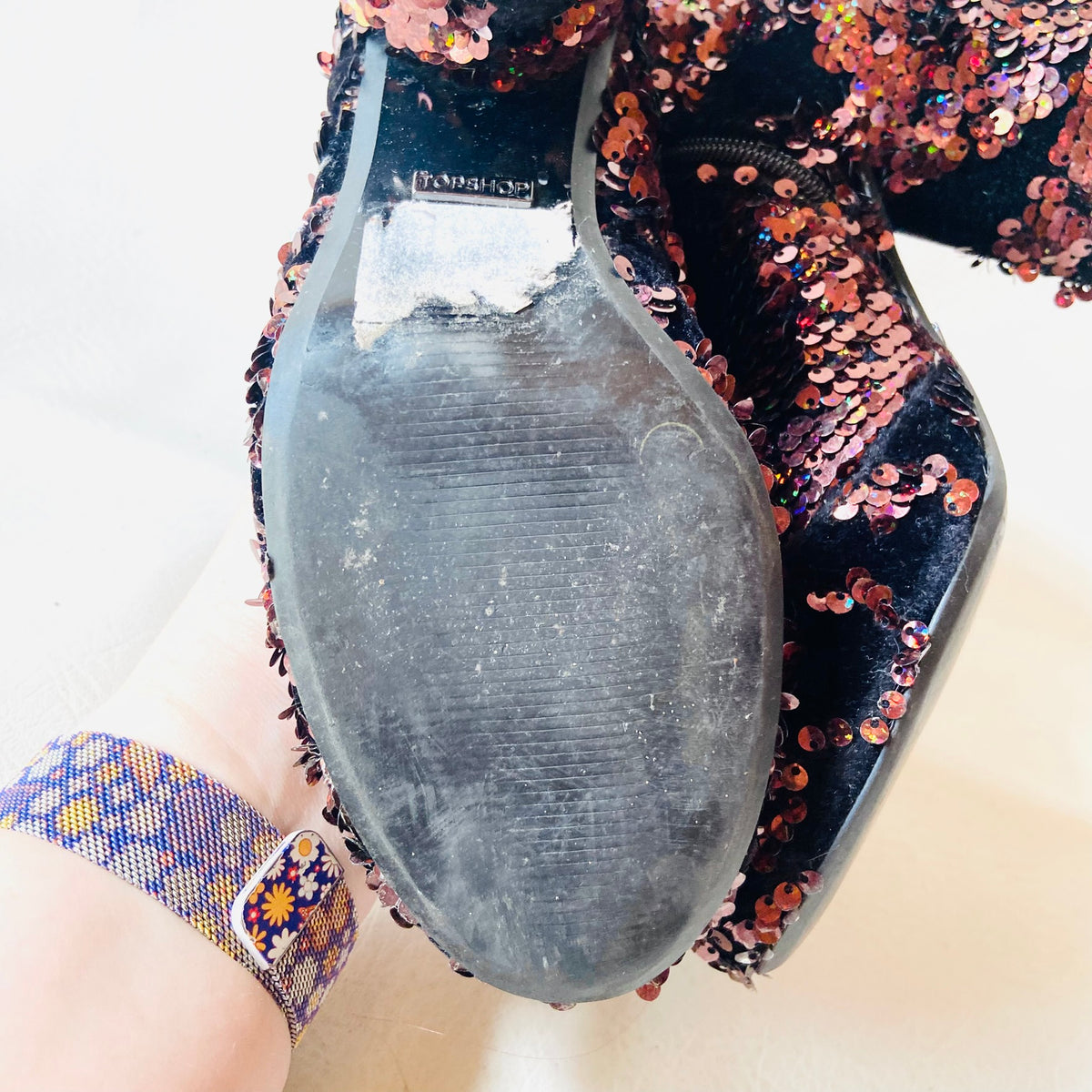 Topshop | Black Velvet & Copper Red Sequin | Block Heel Ankle Boots | Size 4 (37)