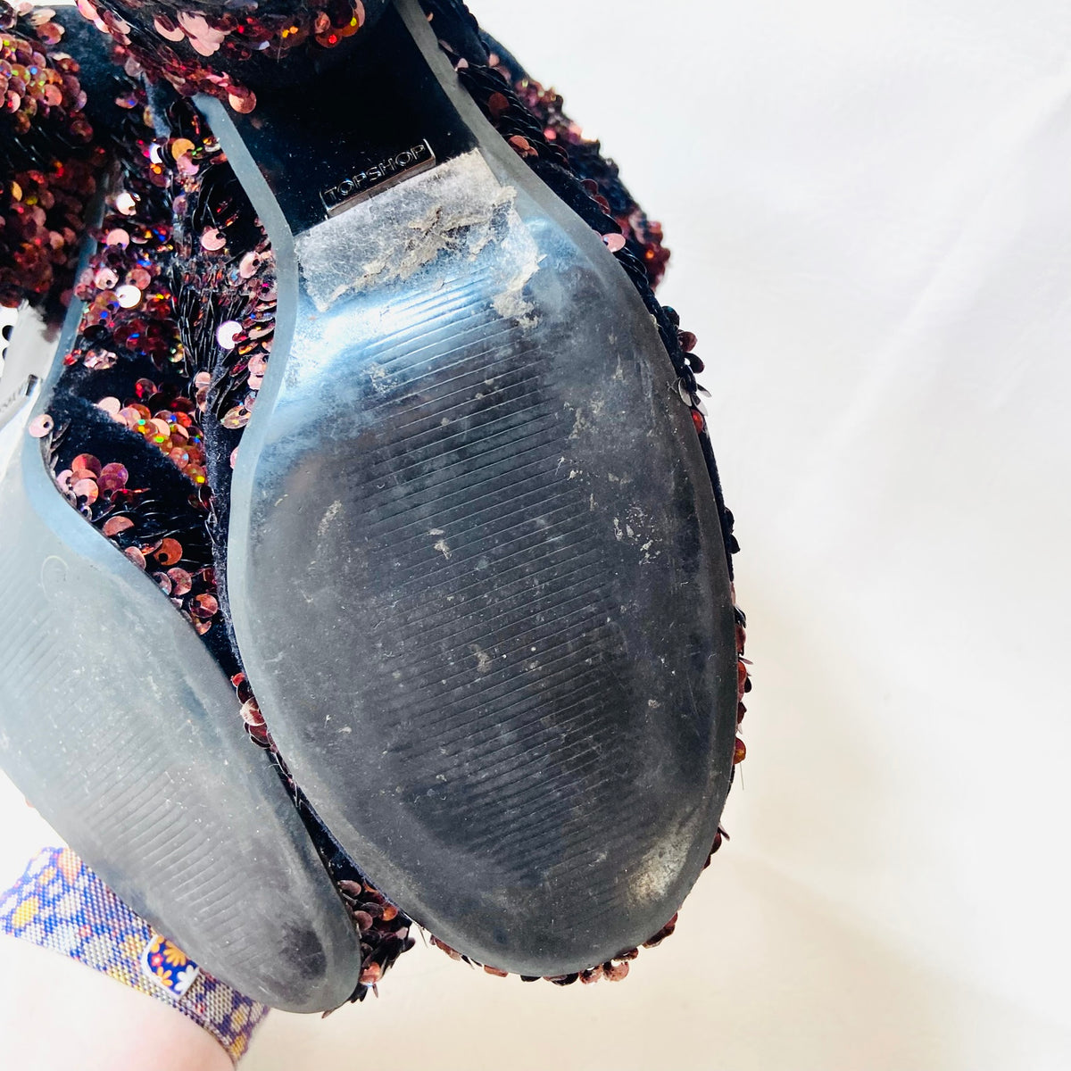 Topshop | Black Velvet & Copper Red Sequin | Block Heel Ankle Boots | Size 4 (37)