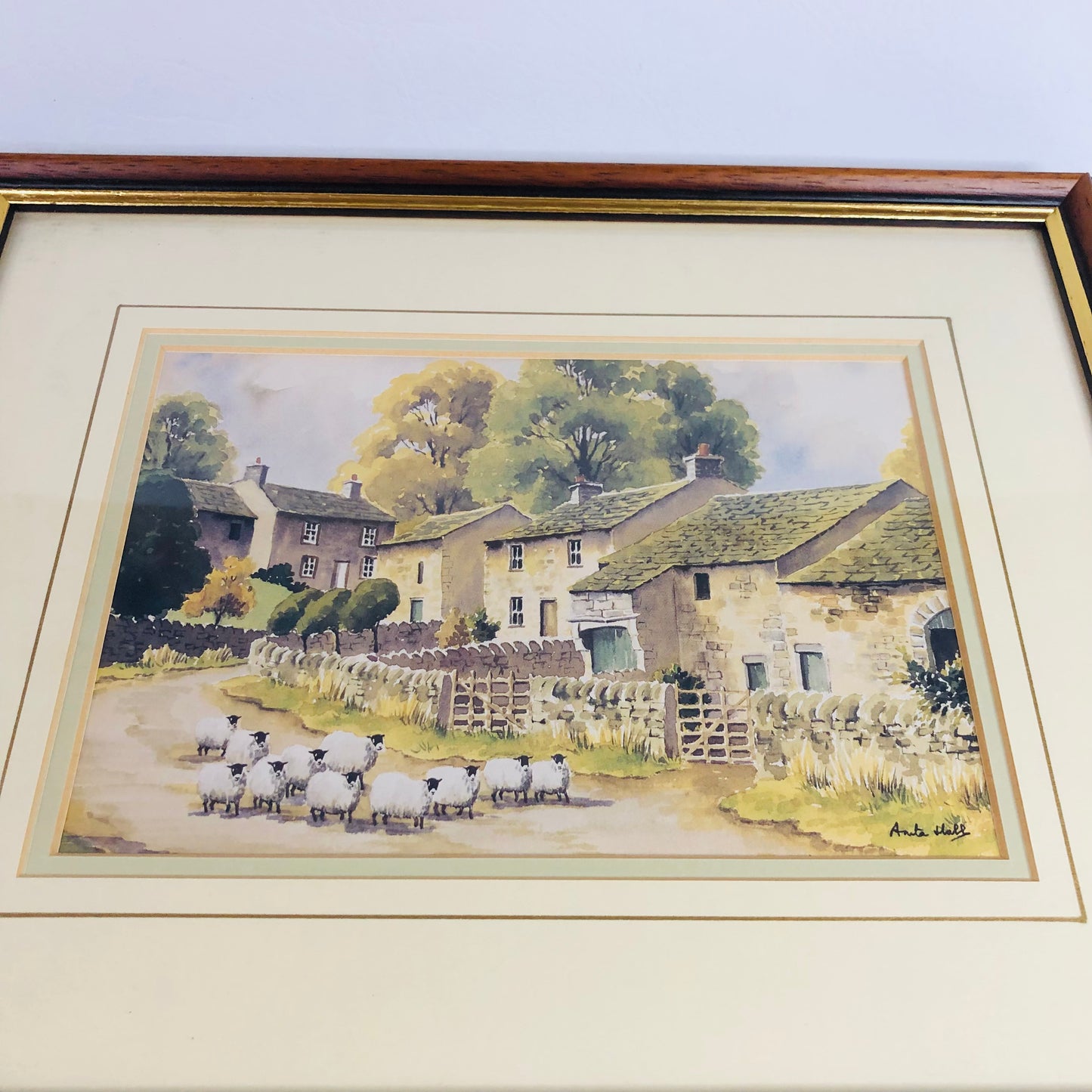 Anita Hall Yorkshire Artist Signed Brown Framed Watercolour Print - Thorpe - 14" x 12"