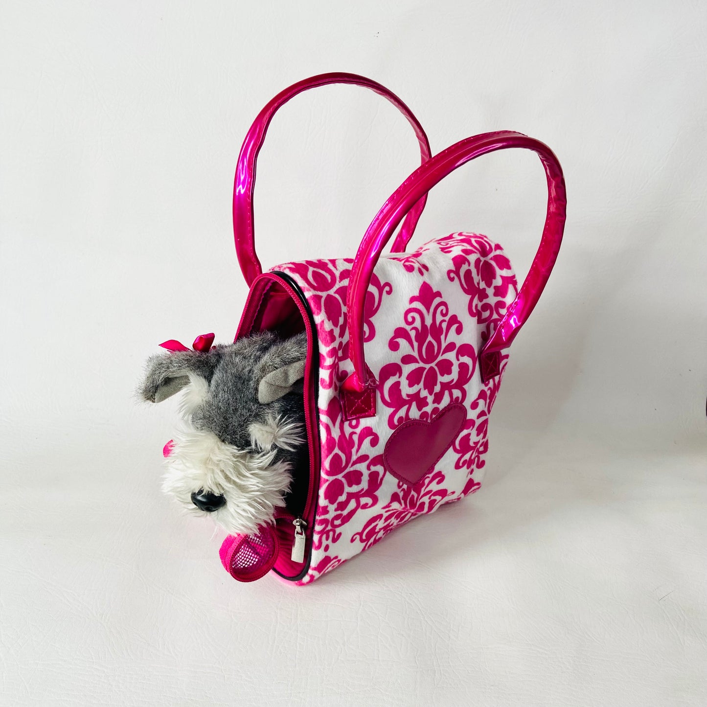 Battat Pucci Pup Grey Schnauzer Dog Pink & White Bow Plush W/ Pink Carry Bag Set