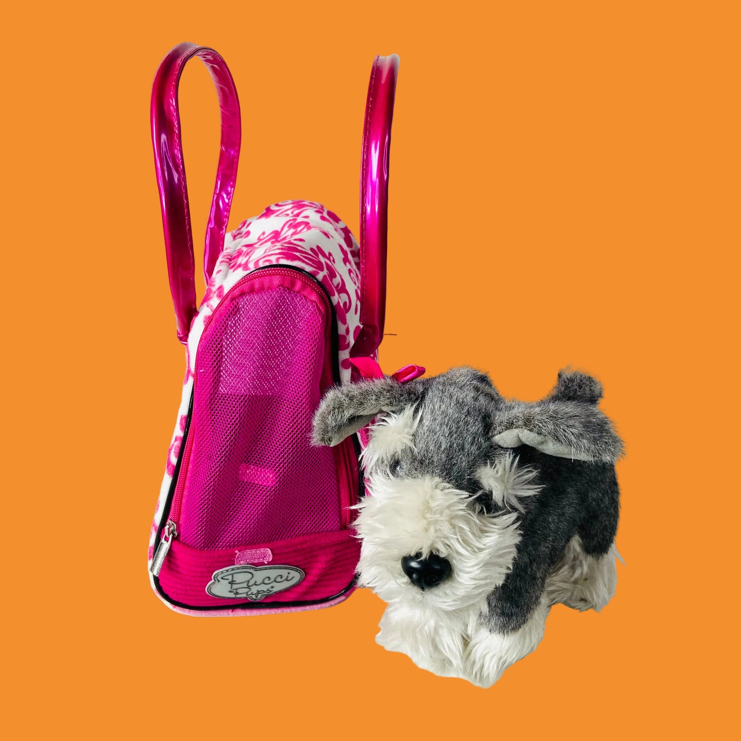 Battat Pucci Pup Grey Schnauzer Dog Pink & White Bow Plush W/ Pink Carry Bag Set