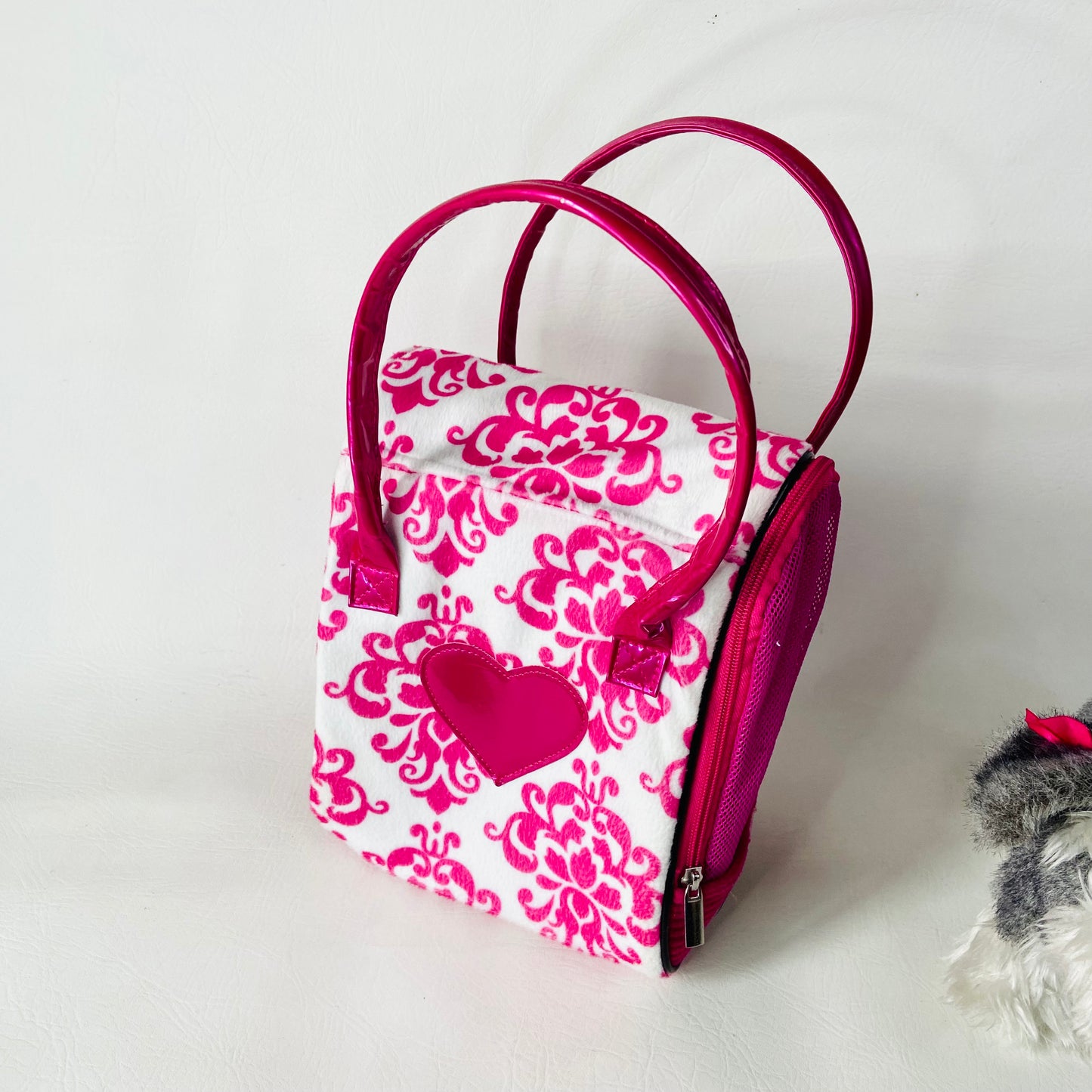 Battat Pucci Pup Grey Schnauzer Dog Pink & White Bow Plush W/ Pink Carry Bag Set