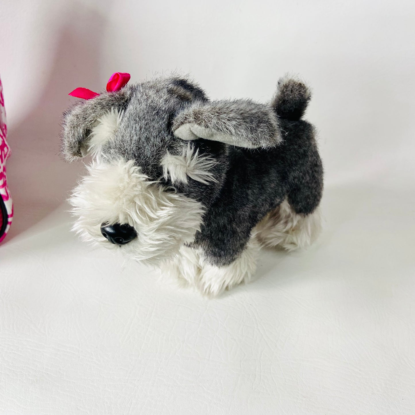 Battat Pucci Pup Grey Schnauzer Dog Pink & White Bow Plush W/ Pink Carry Bag Set
