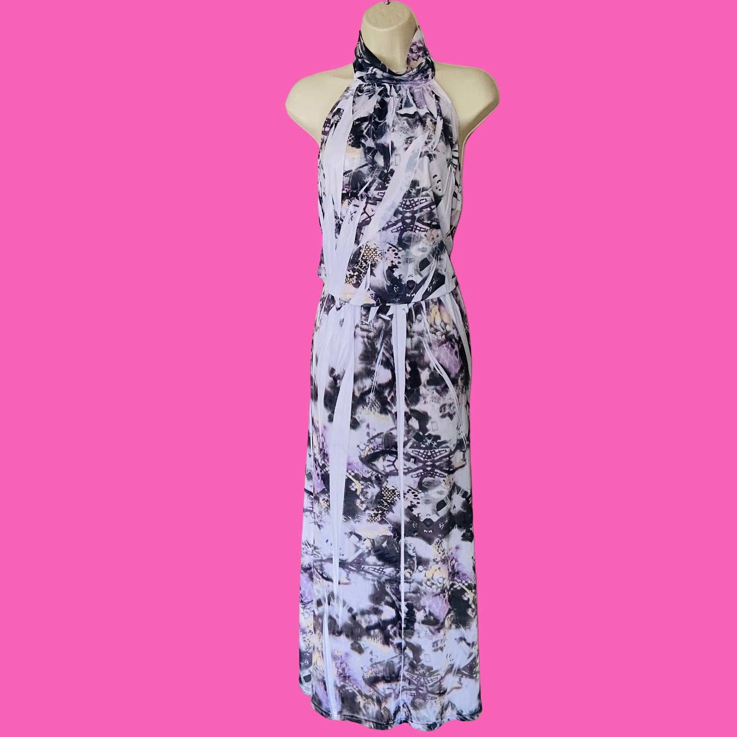 New York Laundry | Grey Lilac | Halterneck Backless Graphic Print Maxi Dress | Size S/M