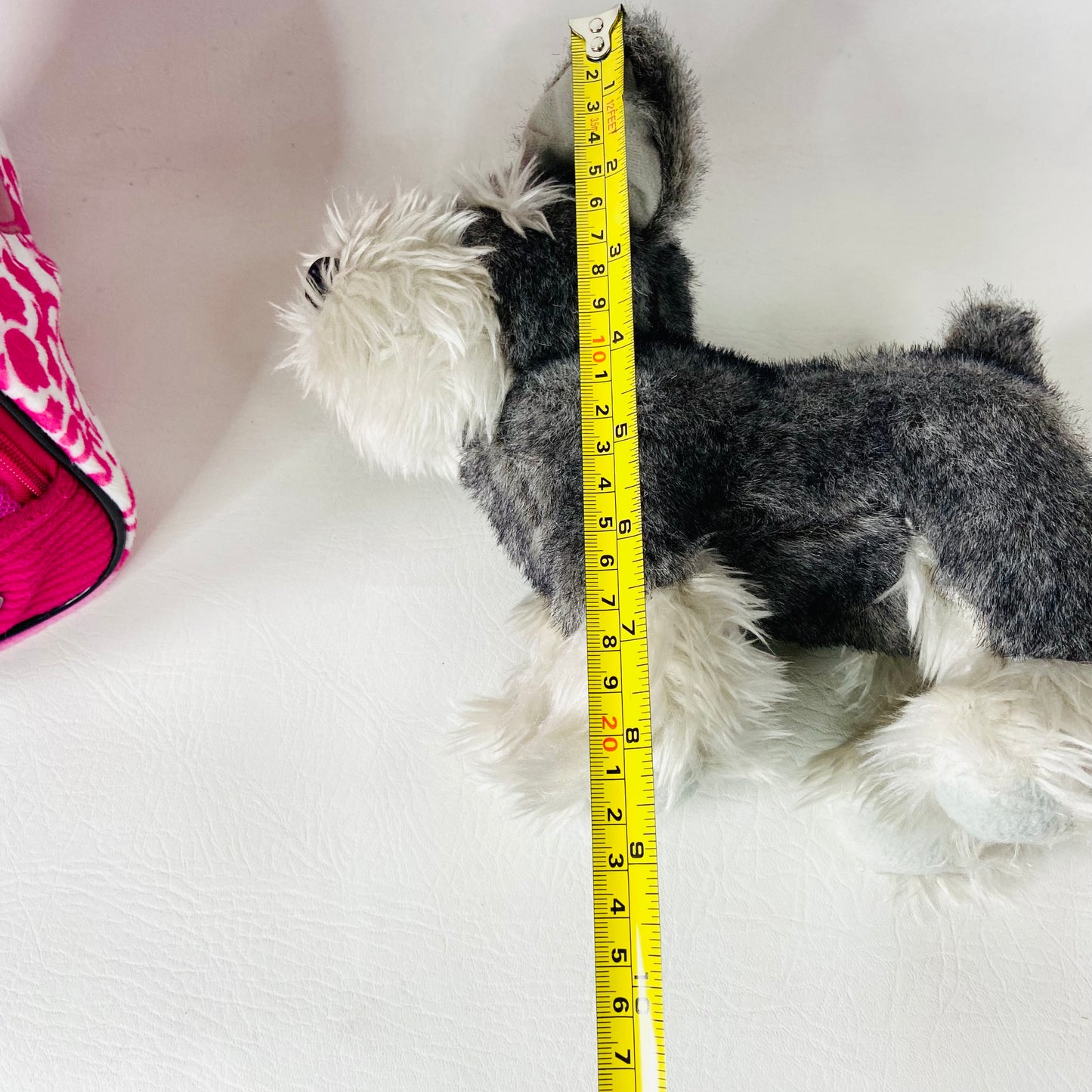Battat Pucci Pup Grey Schnauzer Dog Pink & White Bow Plush W/ Pink Carry Bag Set