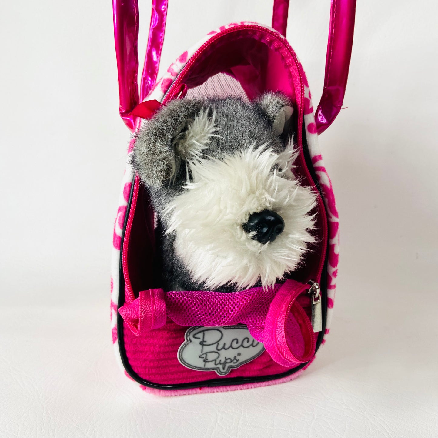 Battat Pucci Pup Grey Schnauzer Dog Pink & White Bow Plush W/ Pink Carry Bag Set