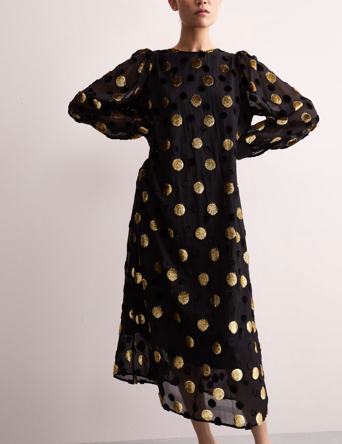 Jaeger (M&S) | Black & Gold Polka Dot | Blouson Sleeve Midi Column Dress | Size 10 | NEW | RRP £135