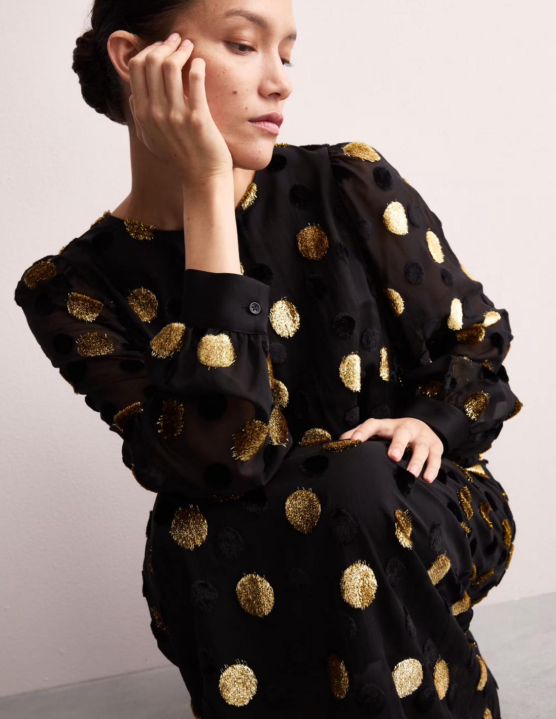 Jaeger (M&S) | Black & Gold Polka Dot | Blouson Sleeve Midi Column Dress | Size 10 | NEW | RRP £135