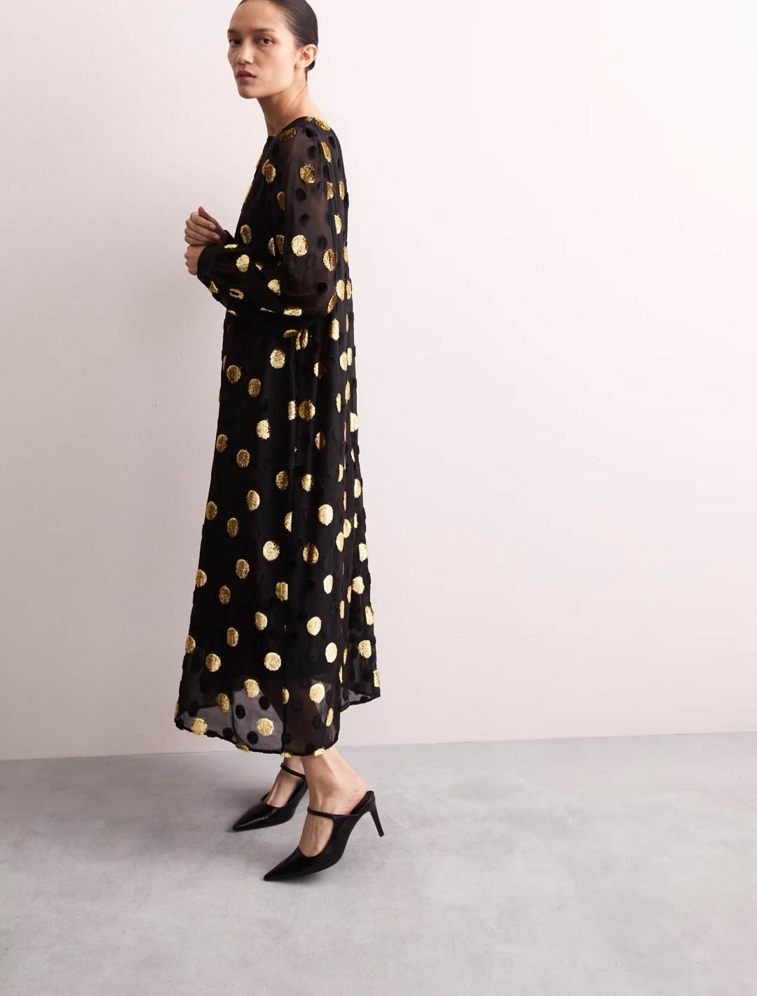 Jaeger (M&S) | Black & Gold Polka Dot | Blouson Sleeve Midi Column Dress | Size 10 | NEW | RRP £135
