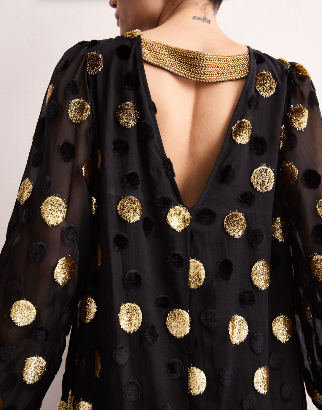 Jaeger (M&S) | Black & Gold Polka Dot | Blouson Sleeve Midi Column Dress | Size 10 | NEW | RRP £135