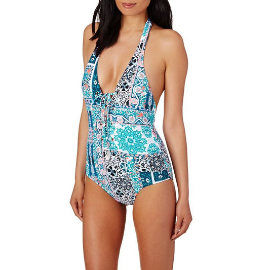 Seafolly Silk Market Bahamas Blue Lace Up Halter One Piece Swimsuit Size 8 New