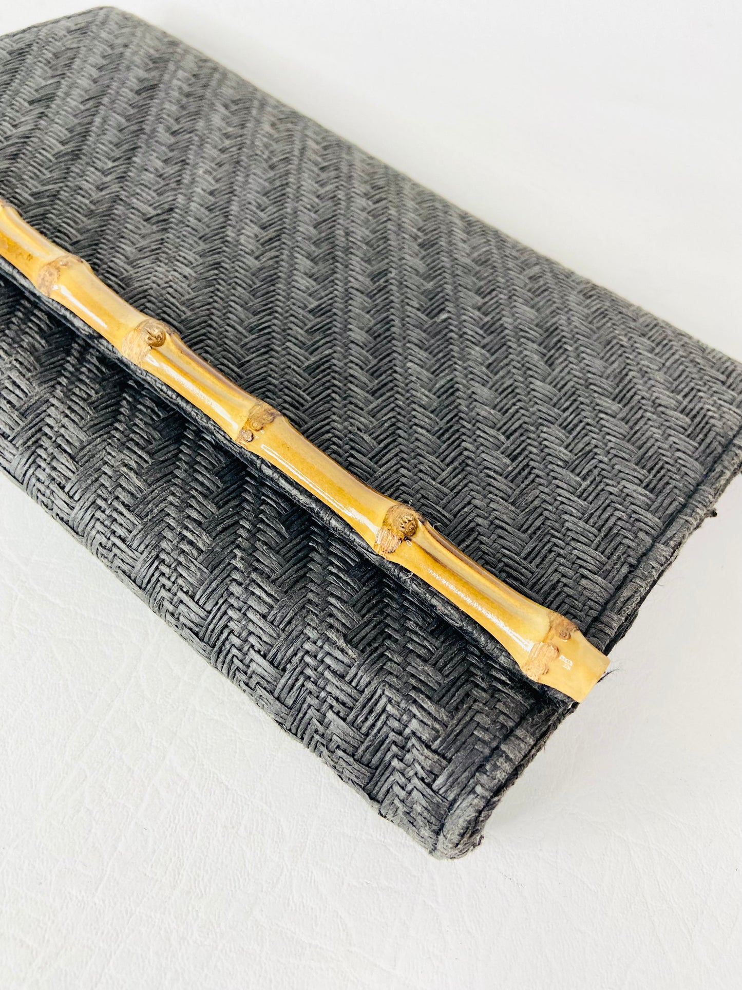 H&M Black Woven Bamboo 1970s Vintage Style Clutch Evening Bag 27 x 15 cm