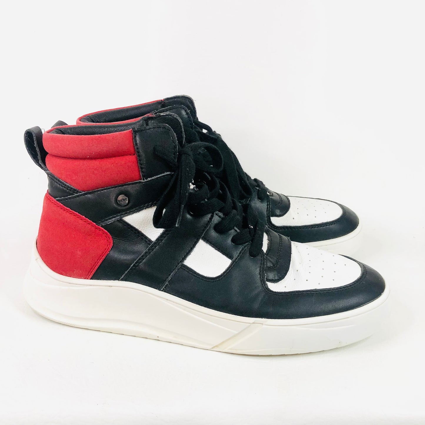 DKNY | Mens Ace High Top Sneakers | Red Black & White | Leather Trainers | Size UK 7.5 (41.5)