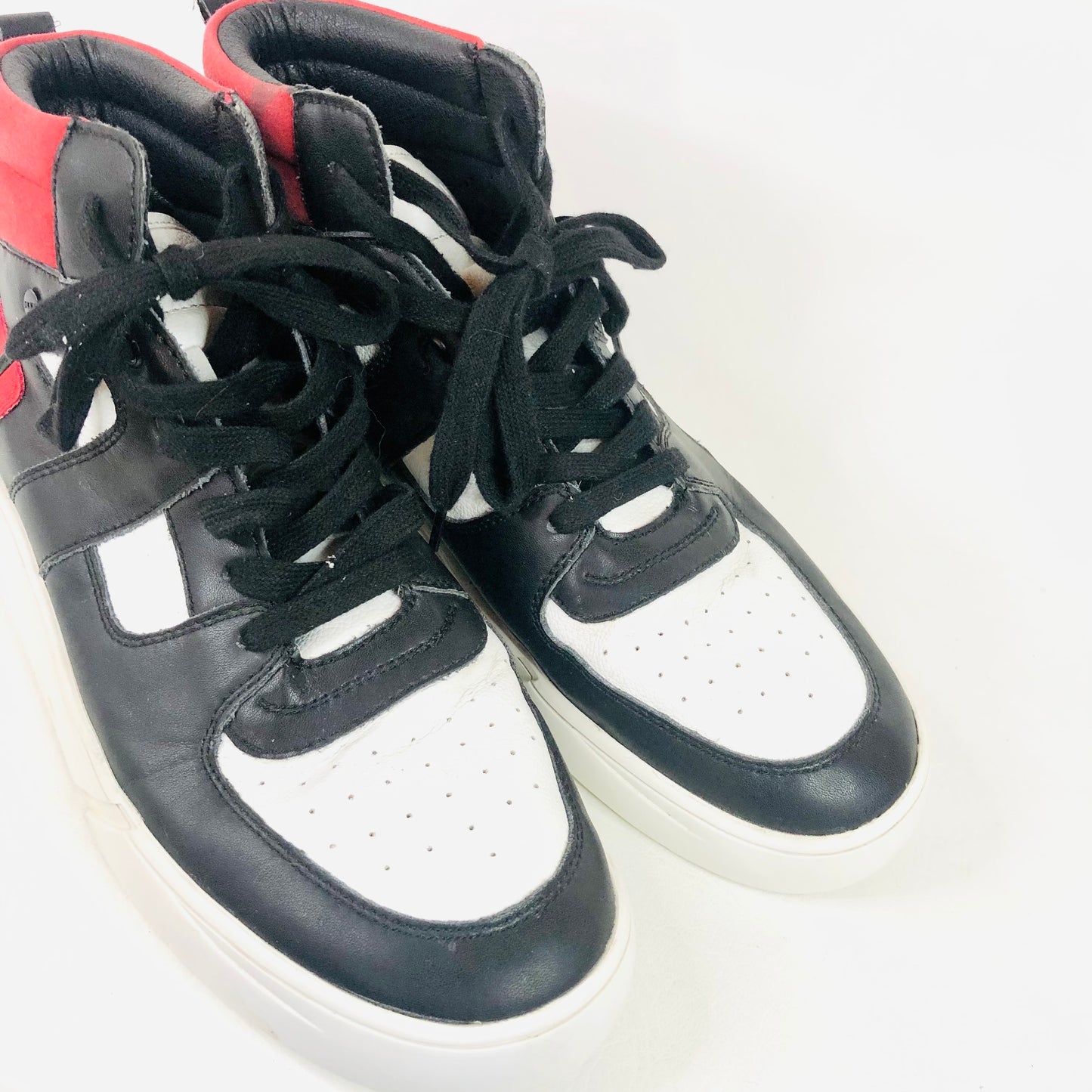 DKNY | Mens Ace High Top Sneakers | Red Black & White | Leather Trainers | Size UK 7.5 (41.5)