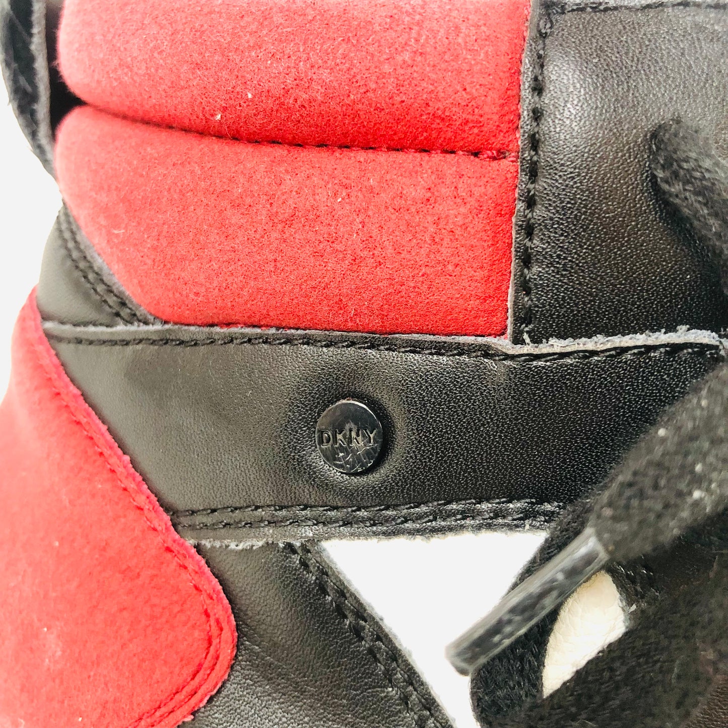 DKNY | Mens Ace High Top Sneakers | Red Black & White | Leather Trainers | Size UK 7.5 (41.5)