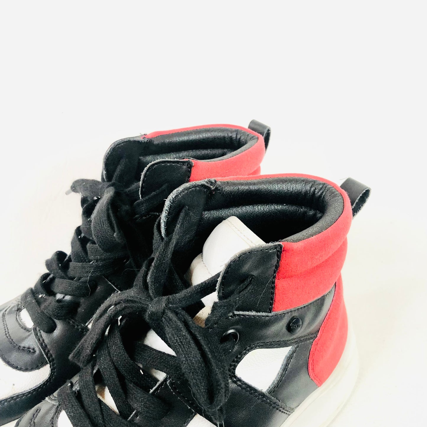 DKNY | Mens Ace High Top Sneakers | Red Black & White | Leather Trainers | Size UK 7.5 (41.5)