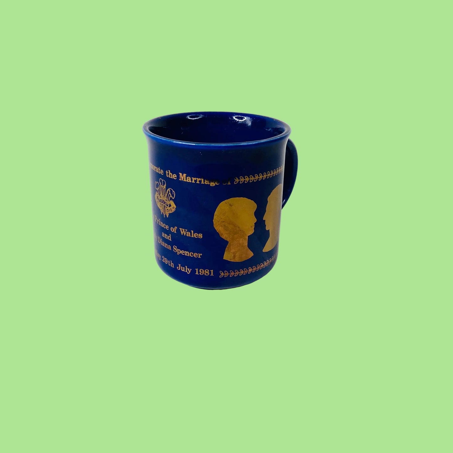 Prince Charles & Diana Commemorative Royal Wedding Mug Navy Blue & Gold Bridgerton Style Silhouette