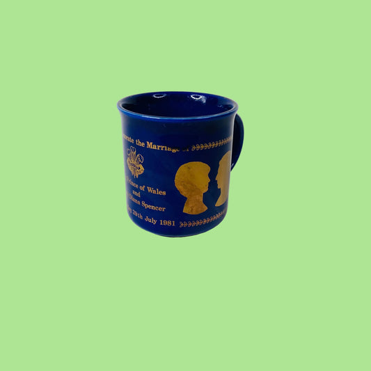 Prince Charles & Diana Commemorative Royal Wedding Mug Navy Blue & Gold Bridgerton Style Silhouette