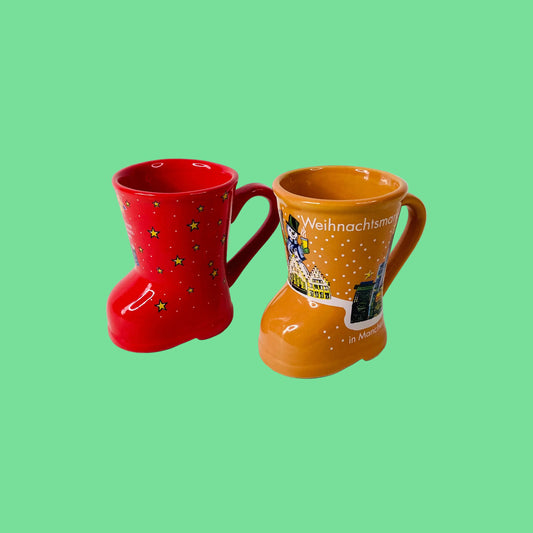 2x Small Christmas Market Boot Mugs - Munich & Manchester Mulled Wine Glühwein - Red & Mustard