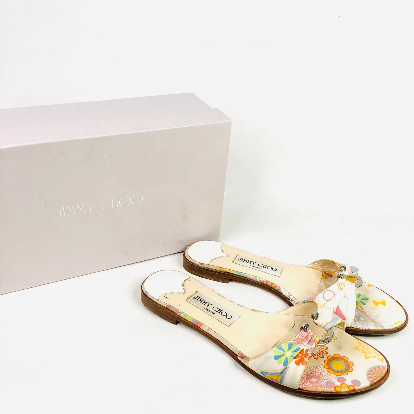Jimmy Choo Neona White Floral Fabric/Leather Summer Sliders sandals Size 4 (37) - Made in Italy