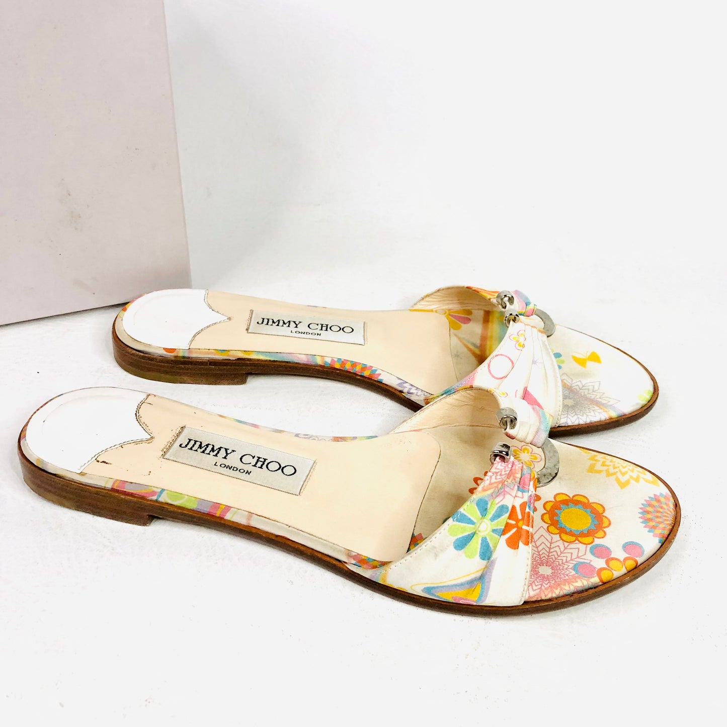 Jimmy Choo Neona White Floral Fabric/Leather Summer Sliders sandals Size 4 (37) - Made in Italy