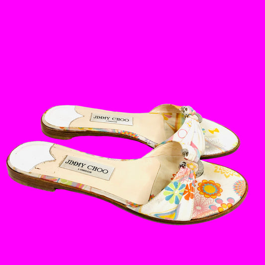 Jimmy Choo Neona White Floral Fabric/Leather Summer Sliders sandals Size 4 (37) - Made in Italy