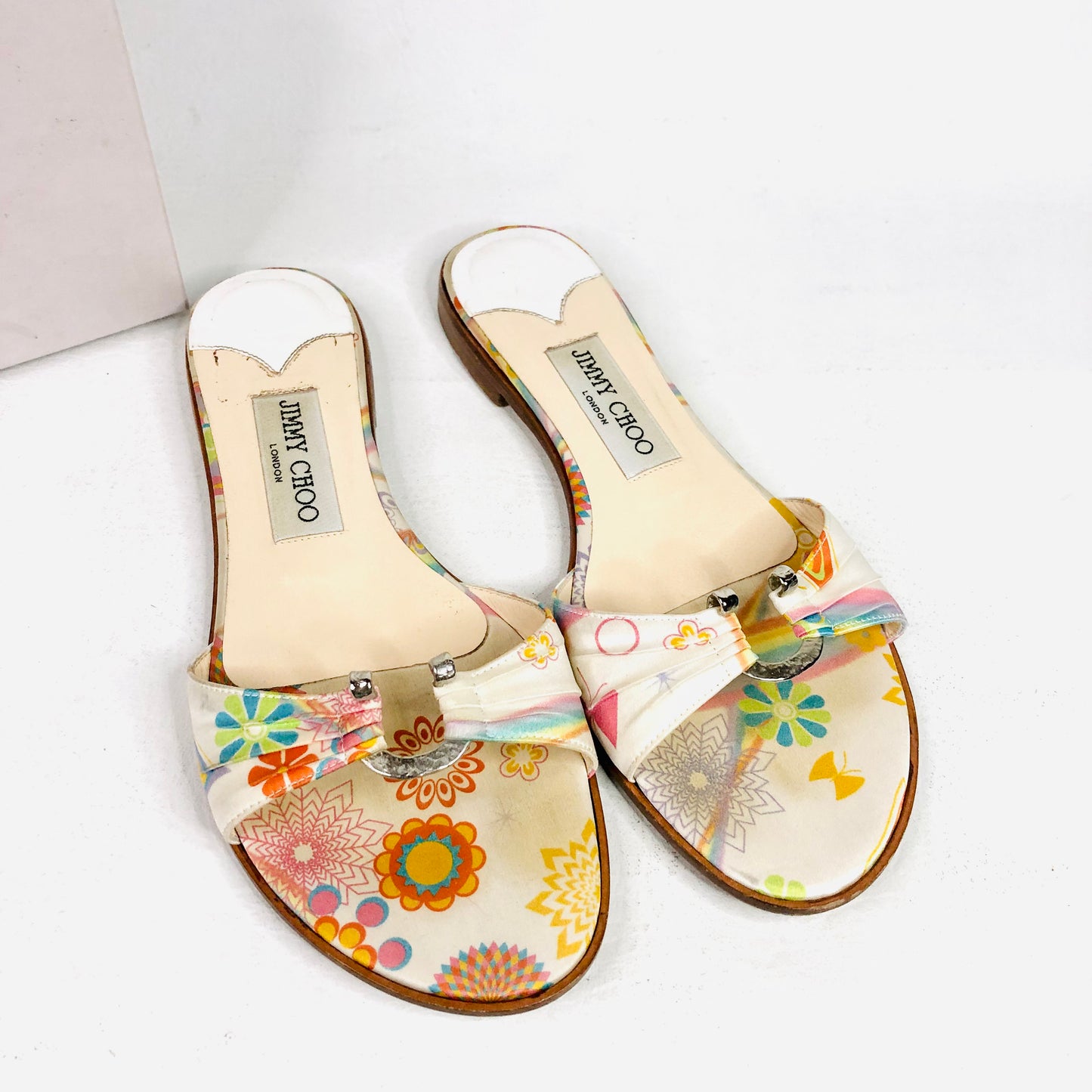 Jimmy Choo Neona White Floral Fabric/Leather Summer Sliders sandals Size 4 (37) - Made in Italy