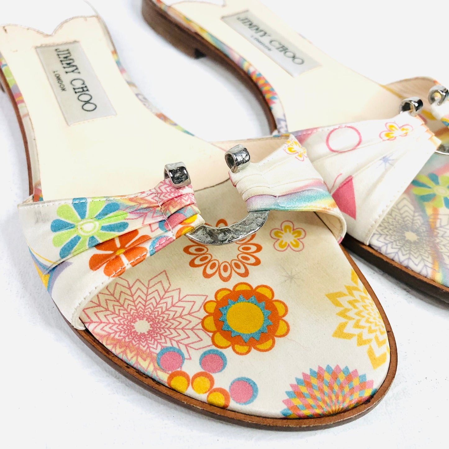 Jimmy Choo Neona White Floral Fabric/Leather Summer Sliders sandals Size 4 (37) - Made in Italy