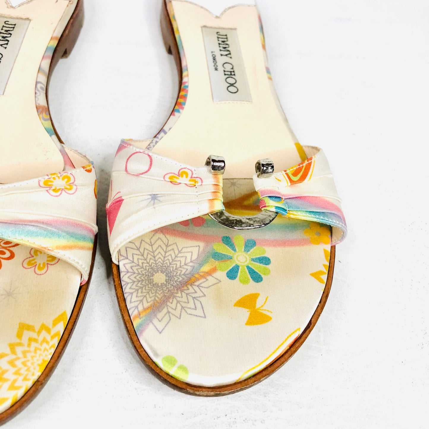 Jimmy Choo Neona White Floral Fabric/Leather Summer Sliders sandals Size 4 (37) - Made in Italy