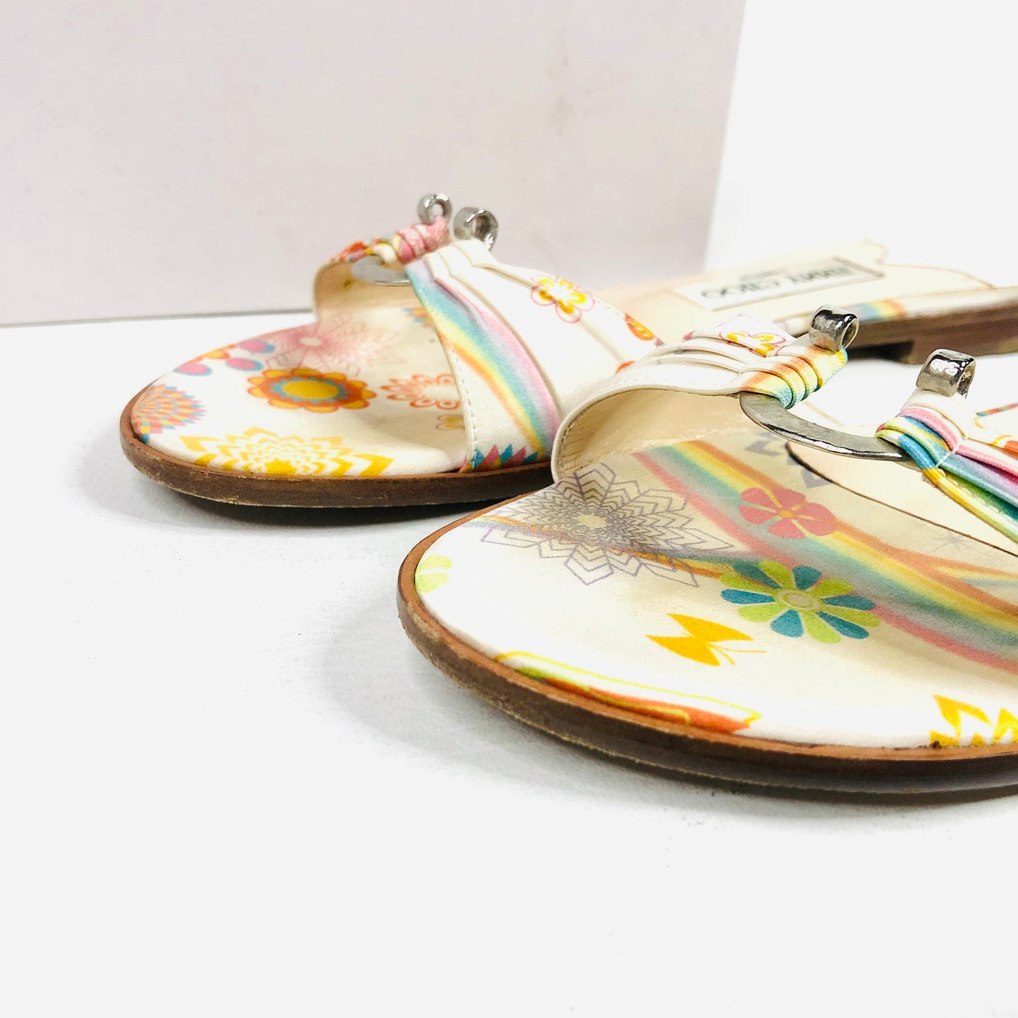 Jimmy Choo Neona White Floral Fabric/Leather Summer Sliders sandals Size 4 (37) - Made in Italy