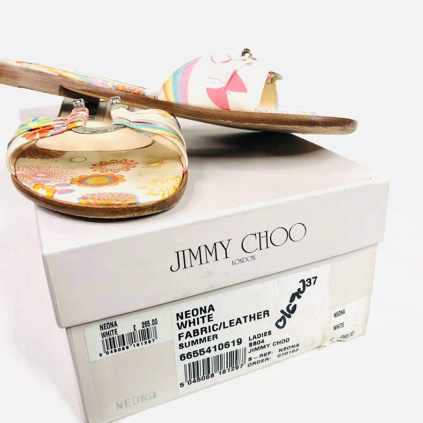 Jimmy Choo Neona White Floral Fabric/Leather Summer Sliders sandals Size 4 (37) - Made in Italy