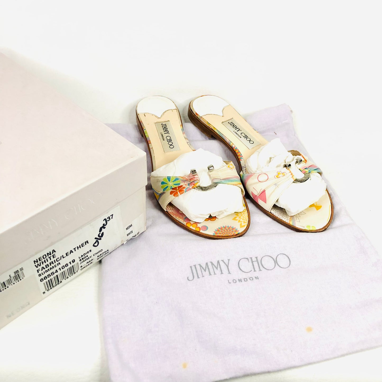 Jimmy Choo Neona White Floral Fabric/Leather Summer Sliders sandals Size 4 (37) - Made in Italy