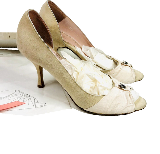 Emmy London Designer Custom Made Beige Silk & Suede Mid Heel Court Shoes Size 7