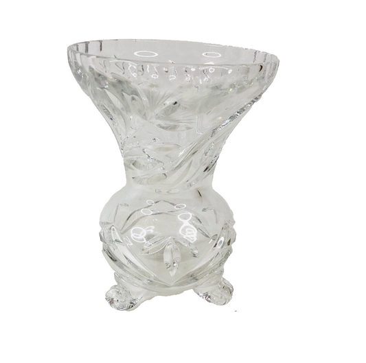 Vintage Heavy 6" Etched Decorated Crystal? Cut Glass Art 3 Footed Vase Round Shaped Base
