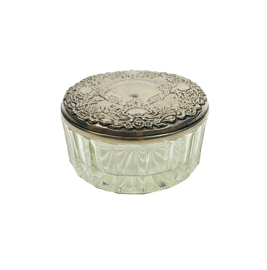 Vintage Art Deco Fluted Glass Crystal Powder Puff Dish Bowl Silver Plated Mirror Lid Top
