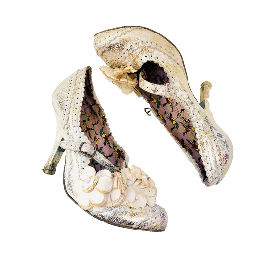 Irregular Choice Cortesan Floral Bar Wedding Court Shoes UK 5 White & Gold Heels
