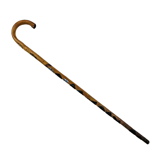 Vintage antique wooden 33 inch Grindelwald walking stick carved & metal badges