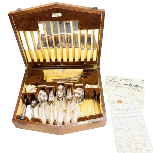 Walker & Hall 1930's art deco oak case silver cutlery canteen 50 piece Vintage