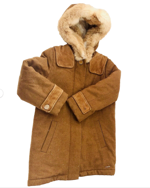 Chloe Genuine Girls Age 5 Tan Brown Wool & Fur hood Coat Designer