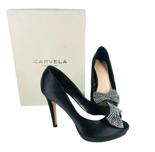 Kurt Geiger Carvela Jemma Satin Heels UK 5 /38 Black Stiletto Wedding Peep Bow