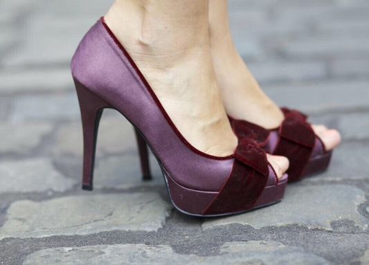 New Look Aubergine Purple satin & velvet bow high stiletto peep toe heels size 5