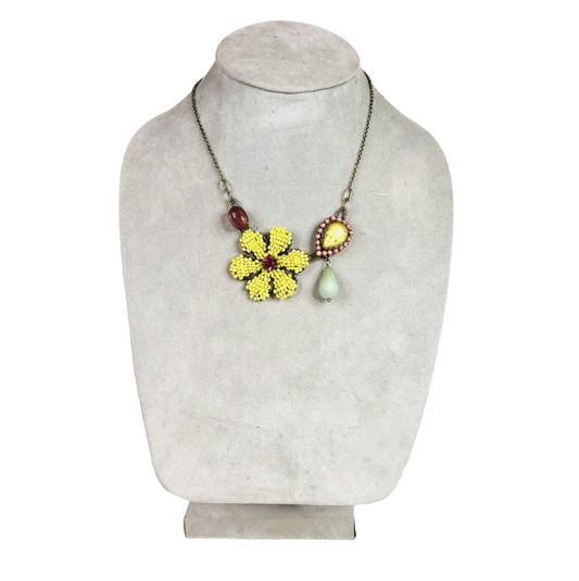 BOHM Vintage Statement Necklace Lucite Flower Gemstone Bead Oxidised Silver