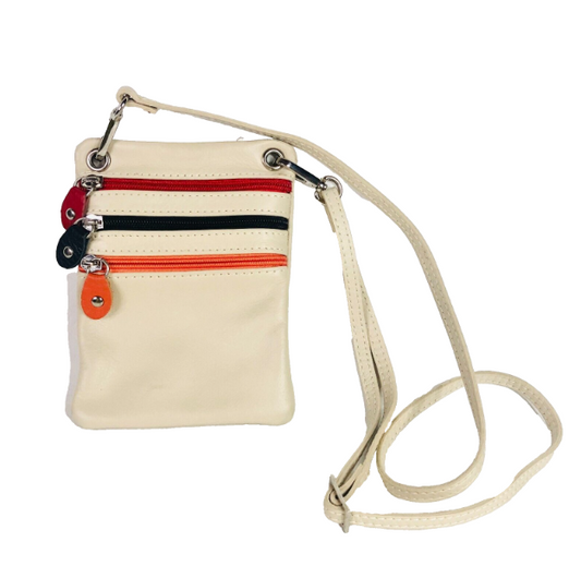 Chiaroscuro Made in Italy Small Cream Multi Zip Crossbody Belt Bag Leather