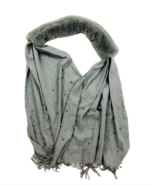 Ladies Grey Scarf - pearl stud embellishment with faux fur collar - one size