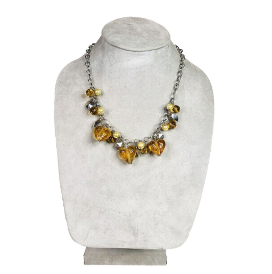 Costume Jewellery Retro Amber Coloured Glass Heart Shaped Bead Necklace