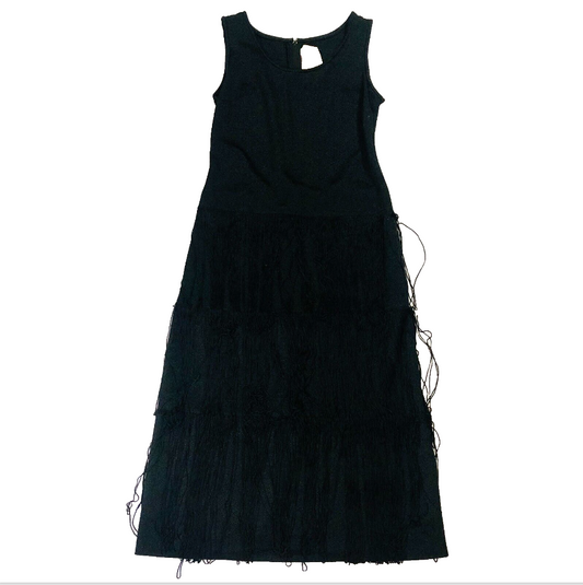 Victor Roberts Black Sleeveless Tassel Midi Dress Size S/M Vintage 1960s/70s