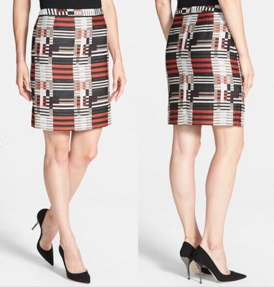 Hugo Boss Maluka Colour Block Stripe Orange & Black Wool Blend Skirt Size UK 4