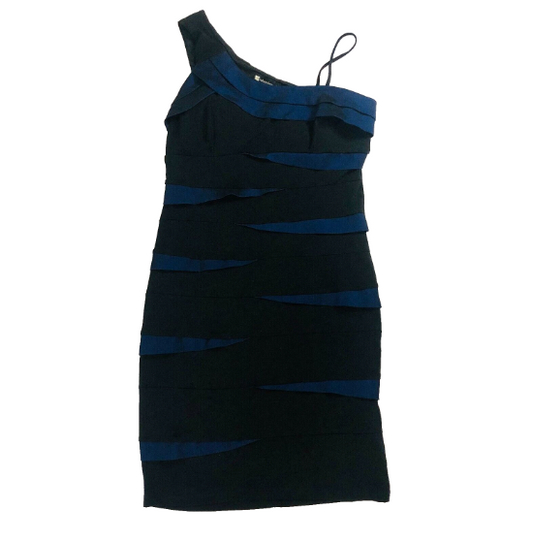 Valerie Bertinelli Black & Blue Striped Tiered One Shoulder Wiggle Dress Size 12